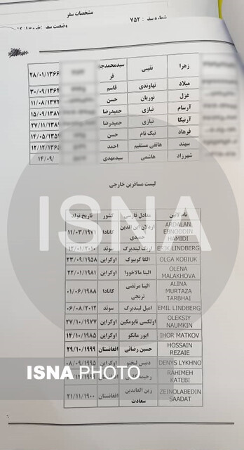 اسامی مسافران پرواز اوکراینی
